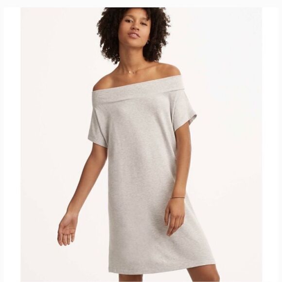 Lou & Grey Light Grey Short Sleeve Stretch Jersey Knit Off The Shoulder Dress - Picture 1 of 10
